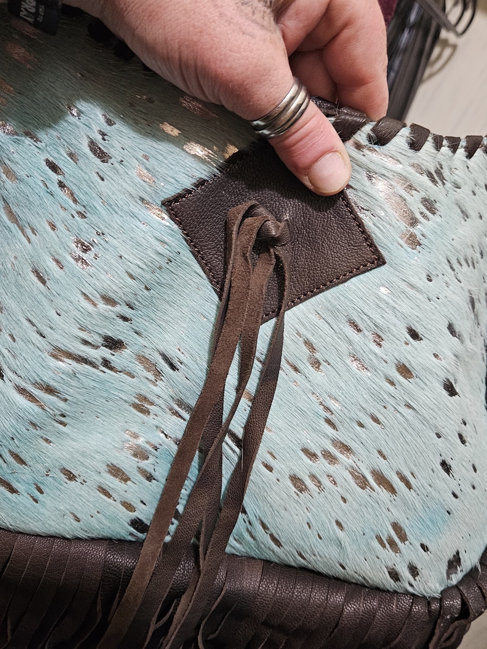 American Darling Aqua Hair On Hide and Brown Fringe Shoulder Bag - Picture 4 of 8